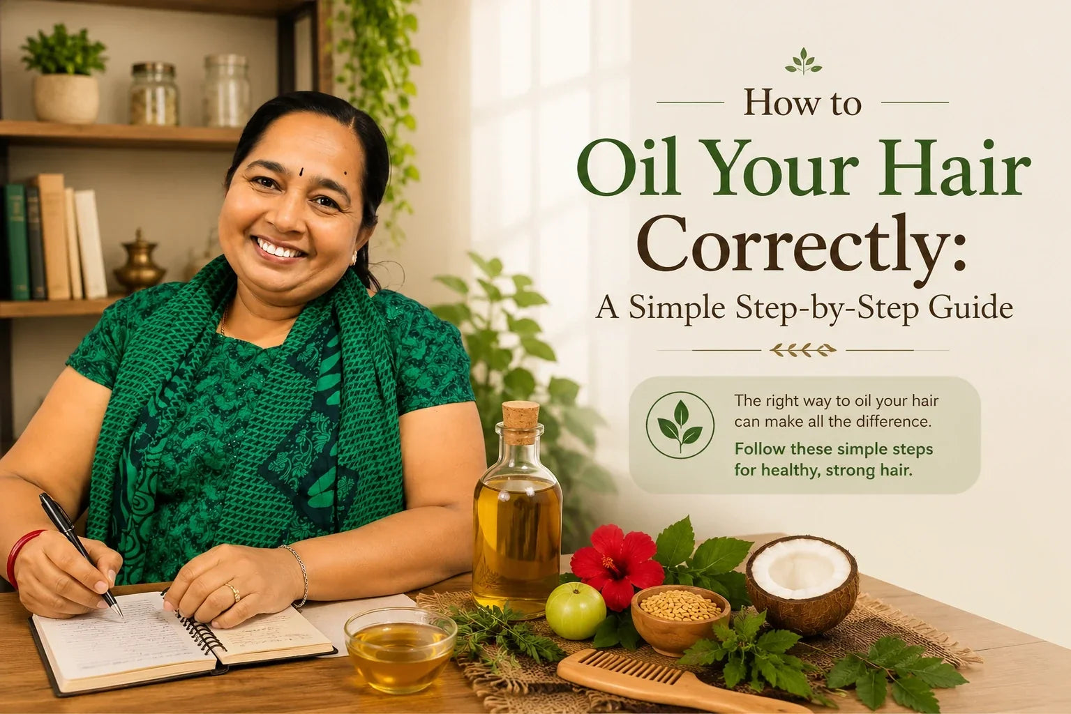 Thoughtful Indian woman with Ayurvedic hair oil ingredients and herbs, representing what makes a good hair oil.
