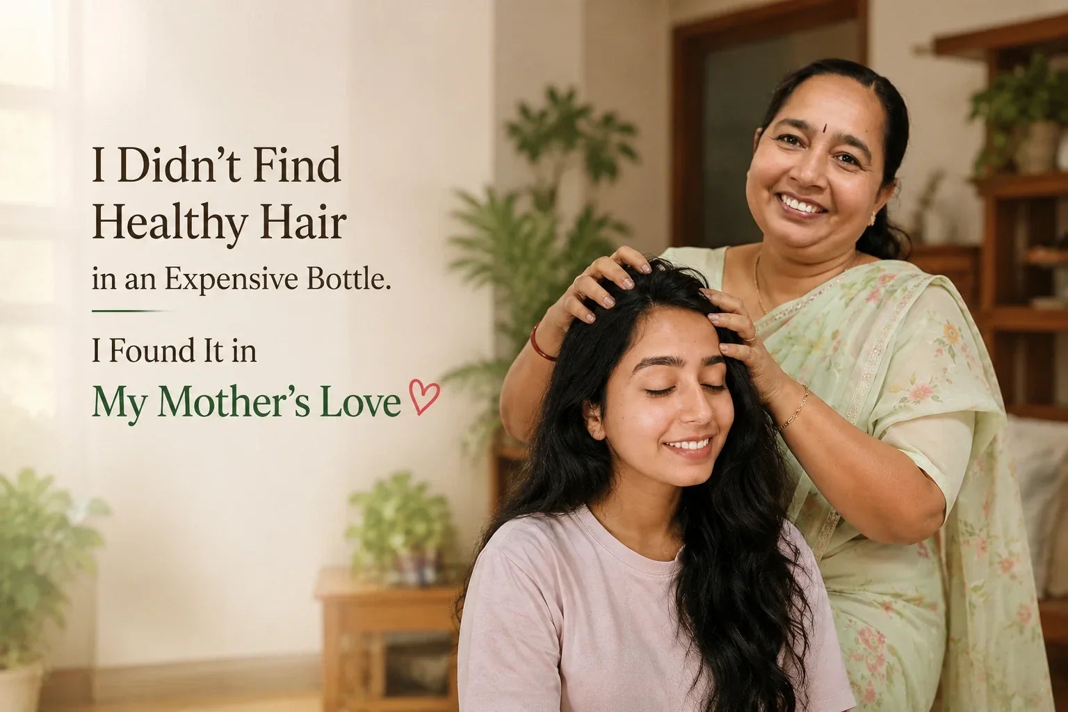 Mother lovingly massaging her daughter's hair in a bright home, symbolizing traditional hair care, family love, and healthy hair.