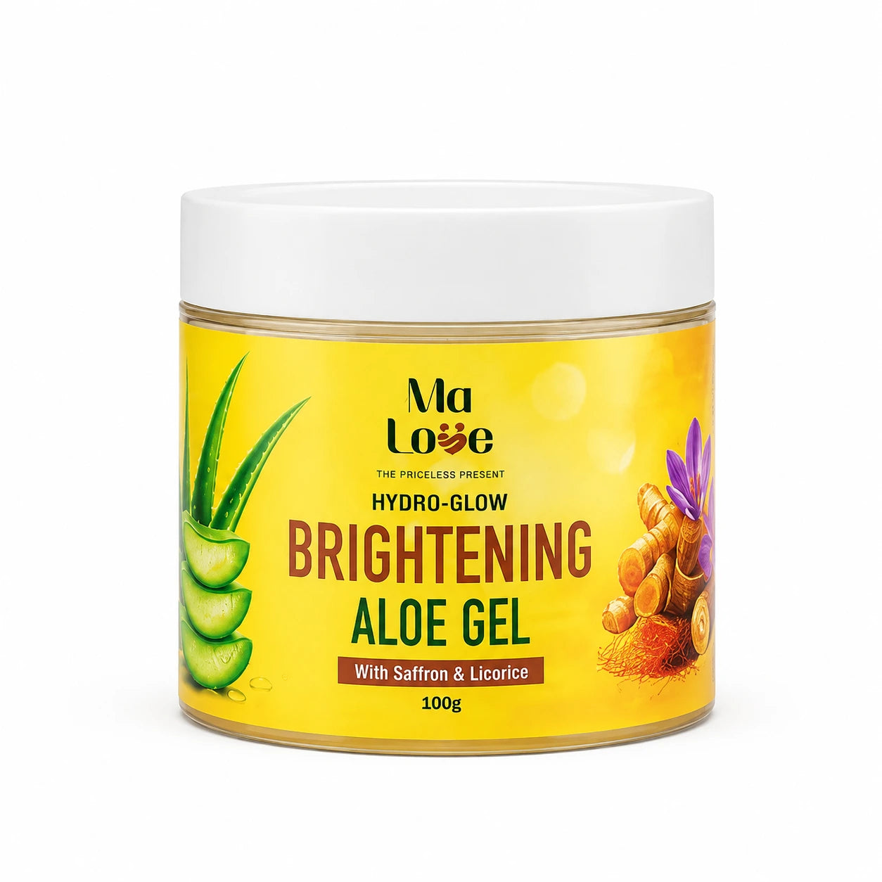 A 100g jar of Ma Love Brightening Aloe Gel with a white lid and a bright yellow label featuring aloe vera and turmeric illustrations.