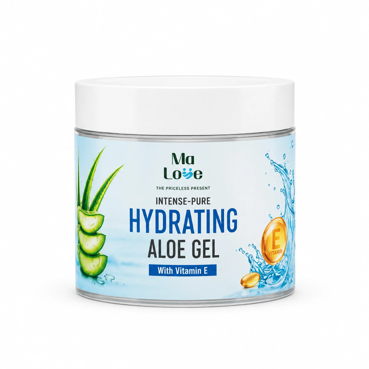 A jar of Ma Love Intense-Pure Hydrating Aloe Gel with Vitamin E, featuring a white lid and a light blue label with aloe vera graphics and a gold Vitamin E coin illustration.